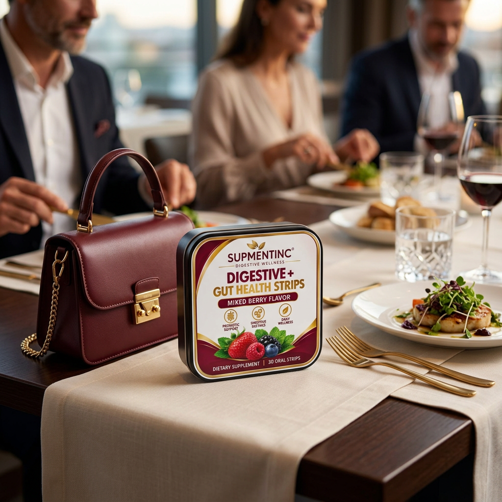 Supmentinc Digestive On-the-Go Strips tin beside a burgundy handbag at a restaurant.