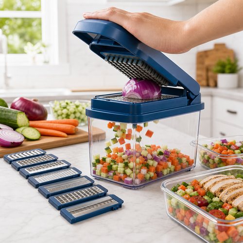 Blue 12-in-1 vegetable chopper pressing fresh vegetables into its catch-all container with interchangeable blades beside it