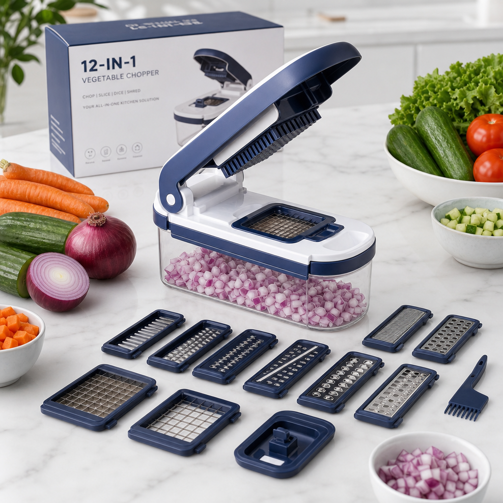 12-in-1 Pro Vegetable Chopper & Meal Prep System - Blue with stainless steel blades