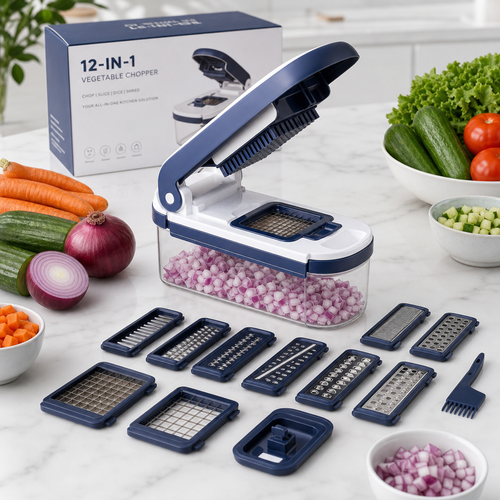 12-in-1 Pro Vegetable Chopper & Meal Prep System - Blue with stainless steel blades