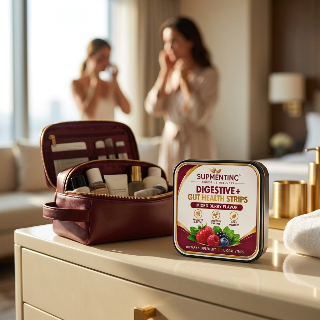 Supmentinc Digestive On-the-Go Strips tin beside a burgundy travel bag.