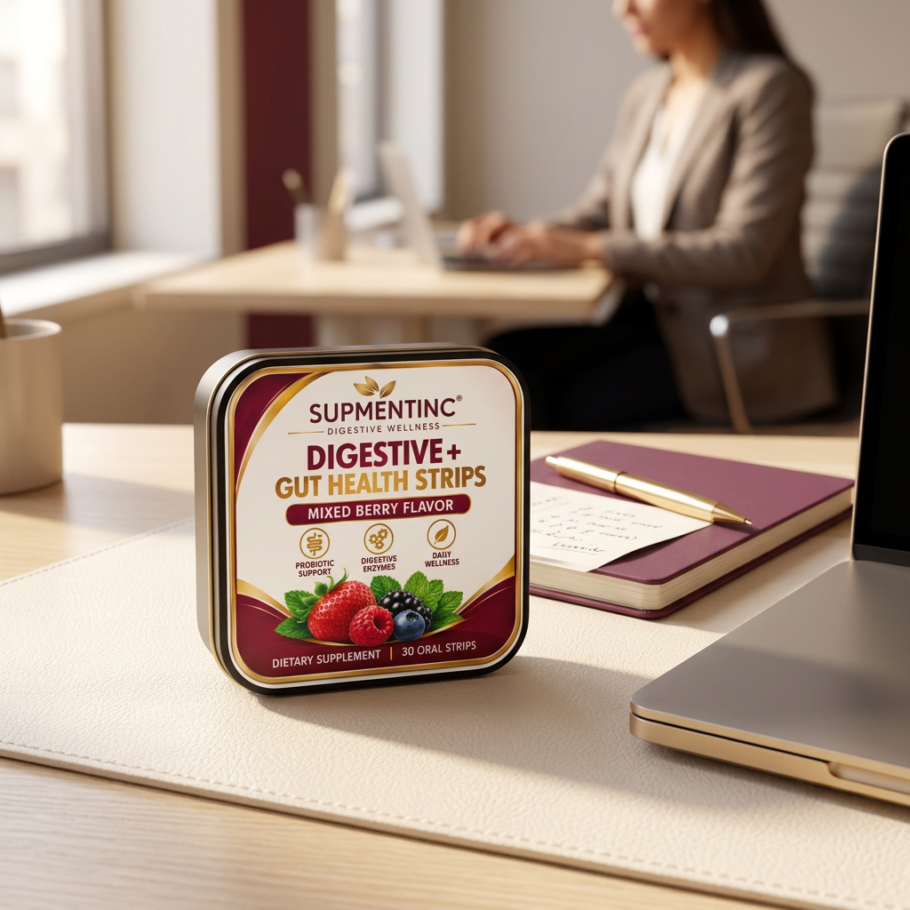 Supmentinc Digestive On-the-Go Strips tin on a work desk beside a plum notebook.